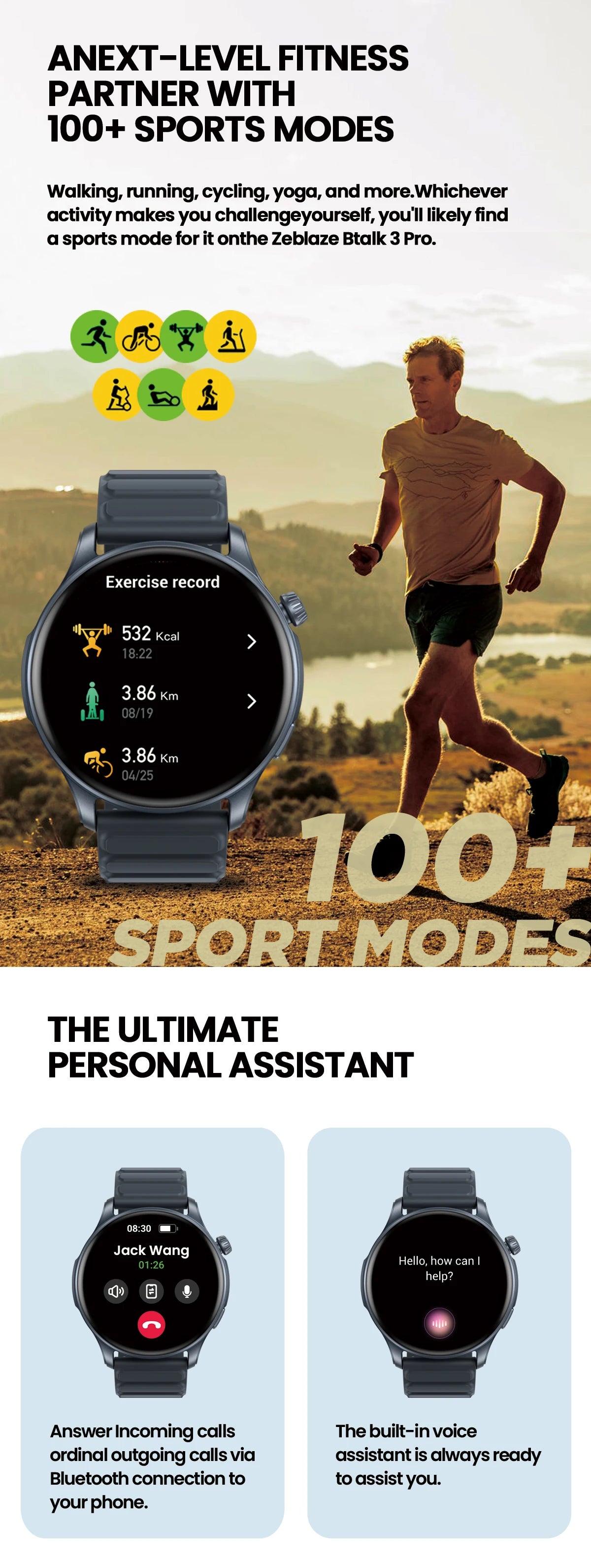 Zeblaze Btalk 3 PRO 1.43" AMOLED Display Smart Watch Make/Answer Phone Calls Heart Rate/SpO2/Sleep Breathing Training Smartwatch