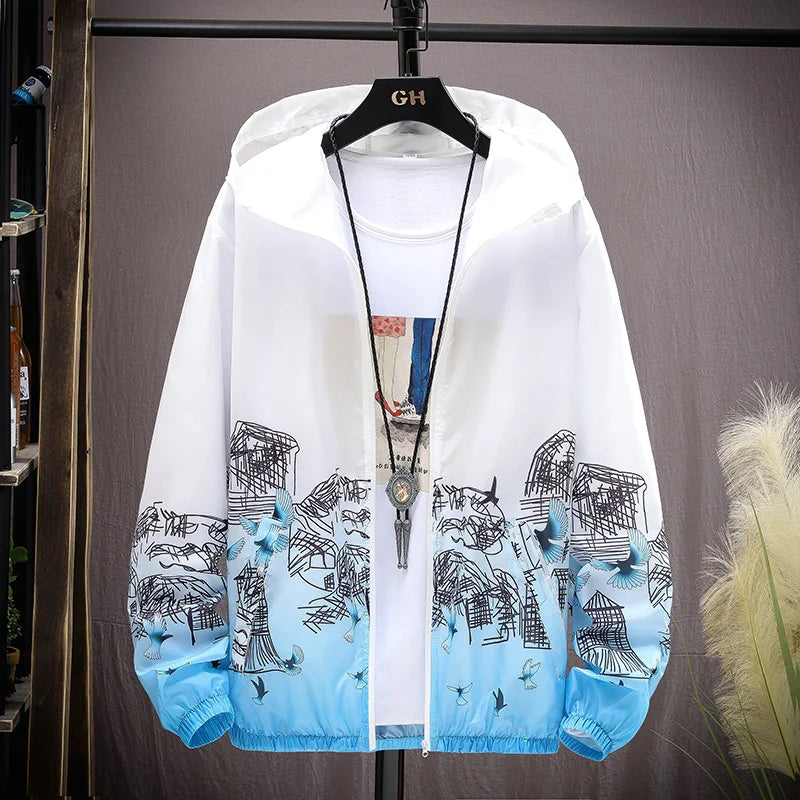 Summer Skin Coats Men Ultra Light UV Sun Protection Big Size Hooded Windbreaker Jacket Men printing Casual Outwear
