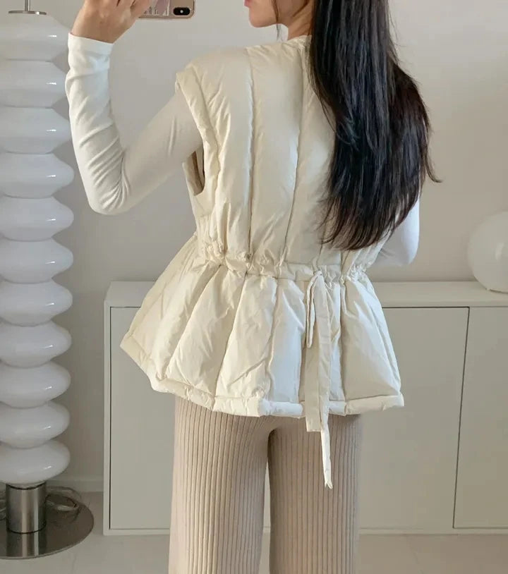 Korean Style Cross V-neck Drawstring Sleeveless Cotton Jacket for Women Solid Color Autumn Winter Vest Padded Coat Female