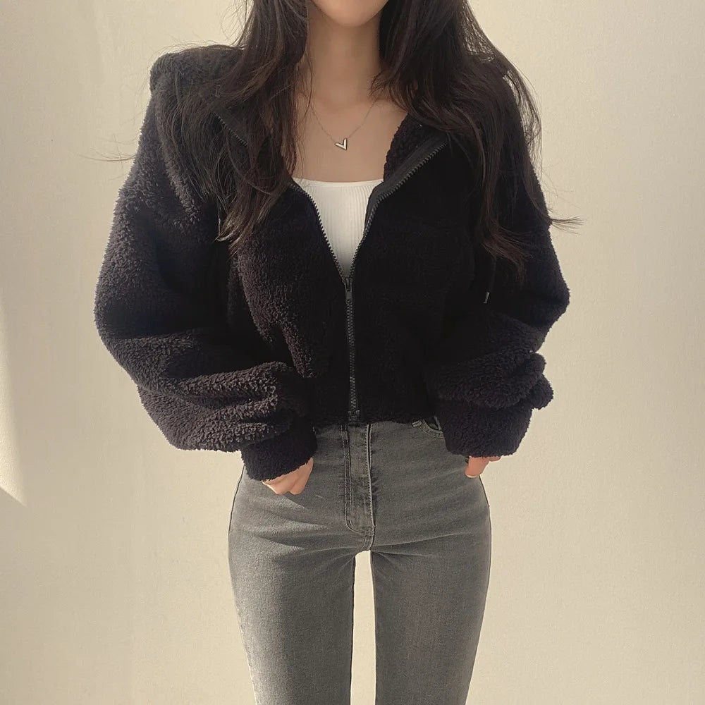 Solid Lamb Wool Thick Sweatshirts Outerwear Y2k Short Zip-Up Hooded Sweatshirt Women Fleece Sudaderas Casual High Waist Hoodies
