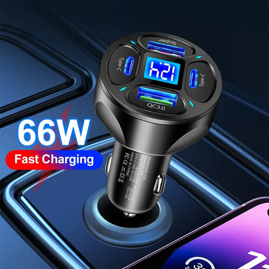 66W 4 Ports USB Car Charger Fast Charging PD Quick Charge 3.0 USB