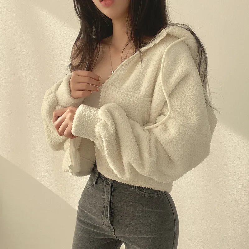Solid Lamb Wool Thick Sweatshirts Outerwear Y2k Short Zip-Up Hooded Sweatshirt Women Fleece Sudaderas Casual High Waist Hoodies