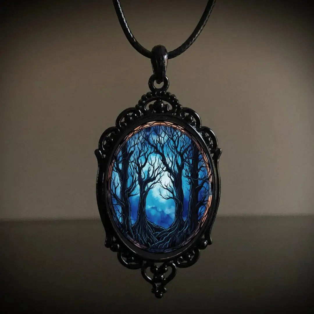Gothic Crow Forest Charm Necklace Gloomy Castle Pendant Mystic Witch Jewelry Accessories Car Rope Chain Halloween Gift