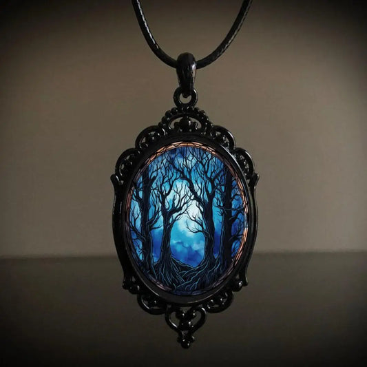 Gothic Crow Forest Charm Necklace Gloomy Castle Pendant Mystic Witch Jewelry Accessories Car Rope Chain Halloween Gift