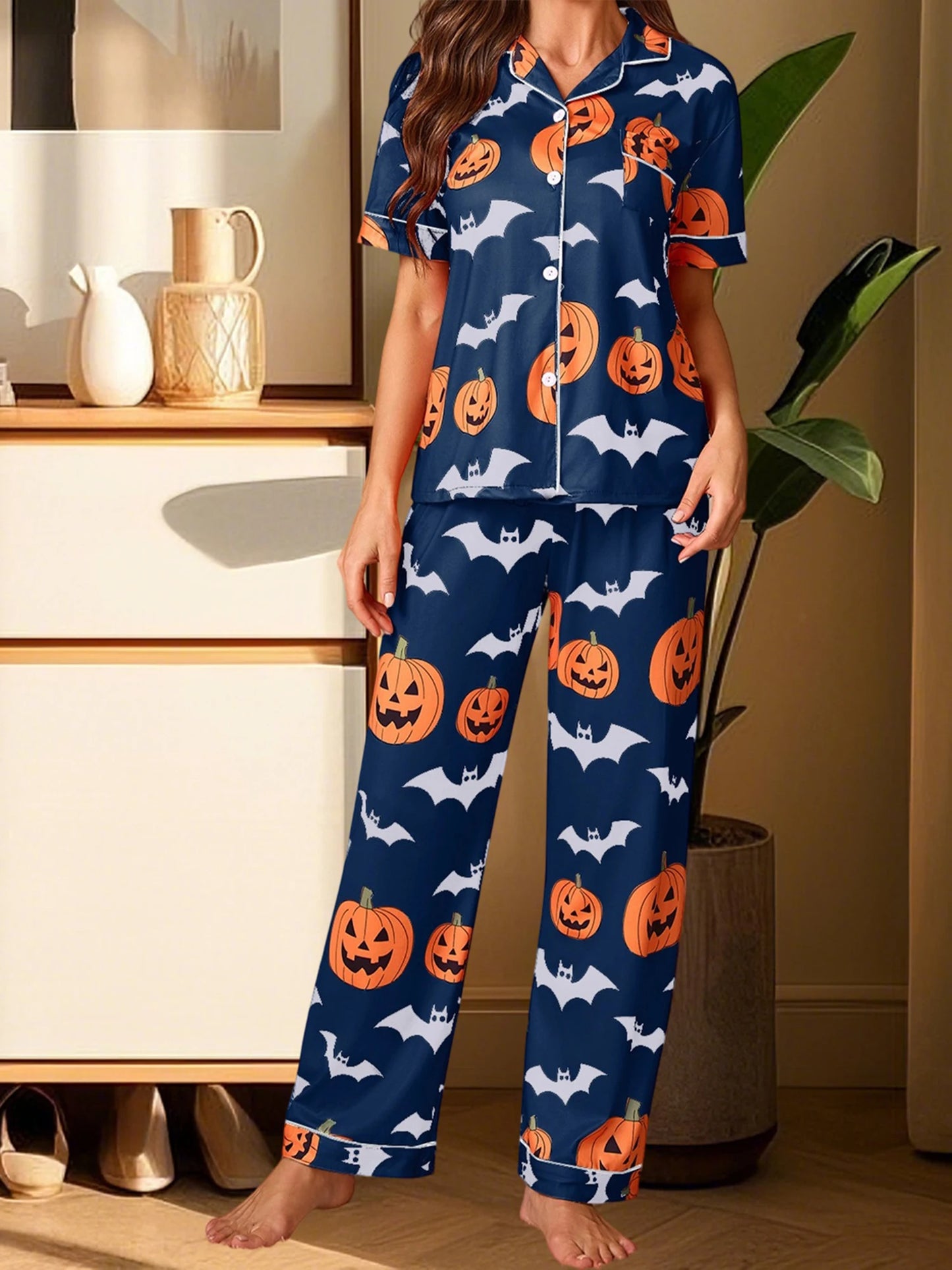 Women Halloween Pajama Set, Pumpkin Bat Print Short Sleeve Button Closure Shirt with Pants Sleepwear Loungewear