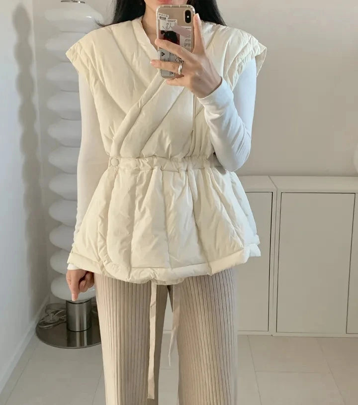 Korean Style Cross V-neck Drawstring Sleeveless Cotton Jacket for Women Solid Color Autumn Winter Vest Padded Coat Female