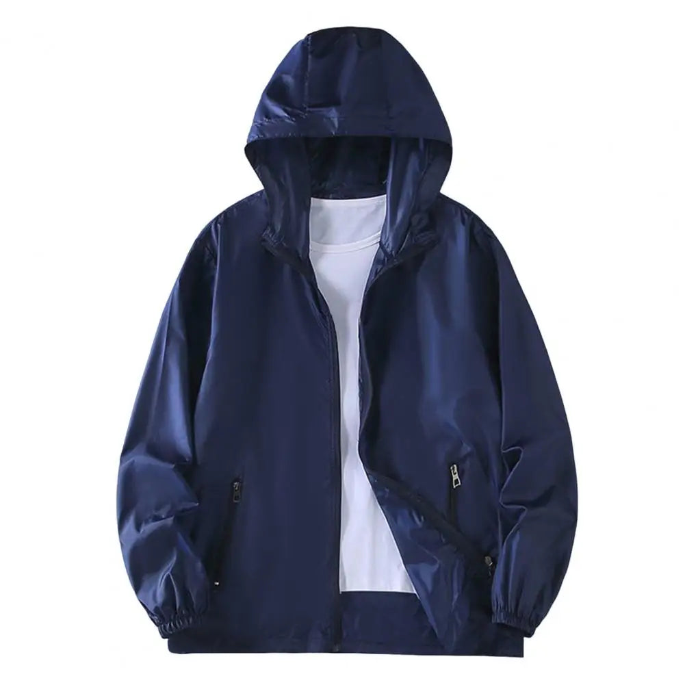 Summer Men Sun Protection Coat Anti-UV Hooded Long Sleeve Zipper Placket Men Jacket Solid Color Pockets Ice Silk Male Sun Coat