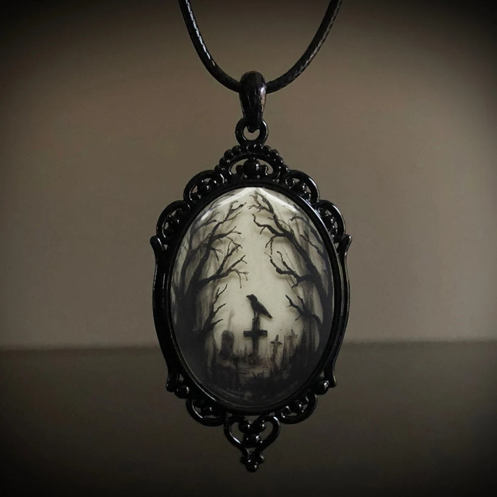Gothic Crow Forest Charm Necklace Gloomy Castle Pendant Mystic Witch Jewelry Accessories Car Rope Chain Halloween Gift