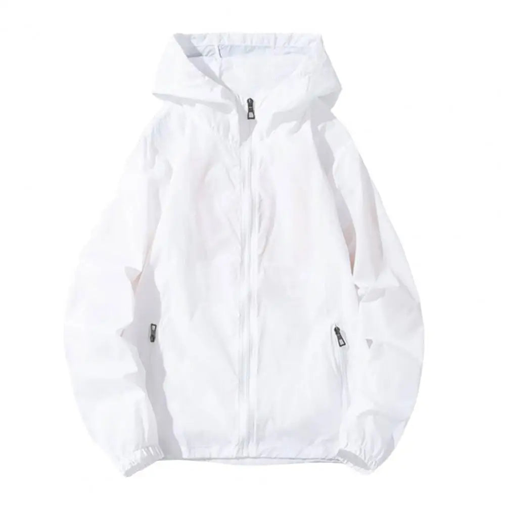 Summer Men Sun Protection Coat Anti-UV Hooded Long Sleeve Zipper Placket Men Jacket Solid Color Pockets Ice Silk Male Sun Coat