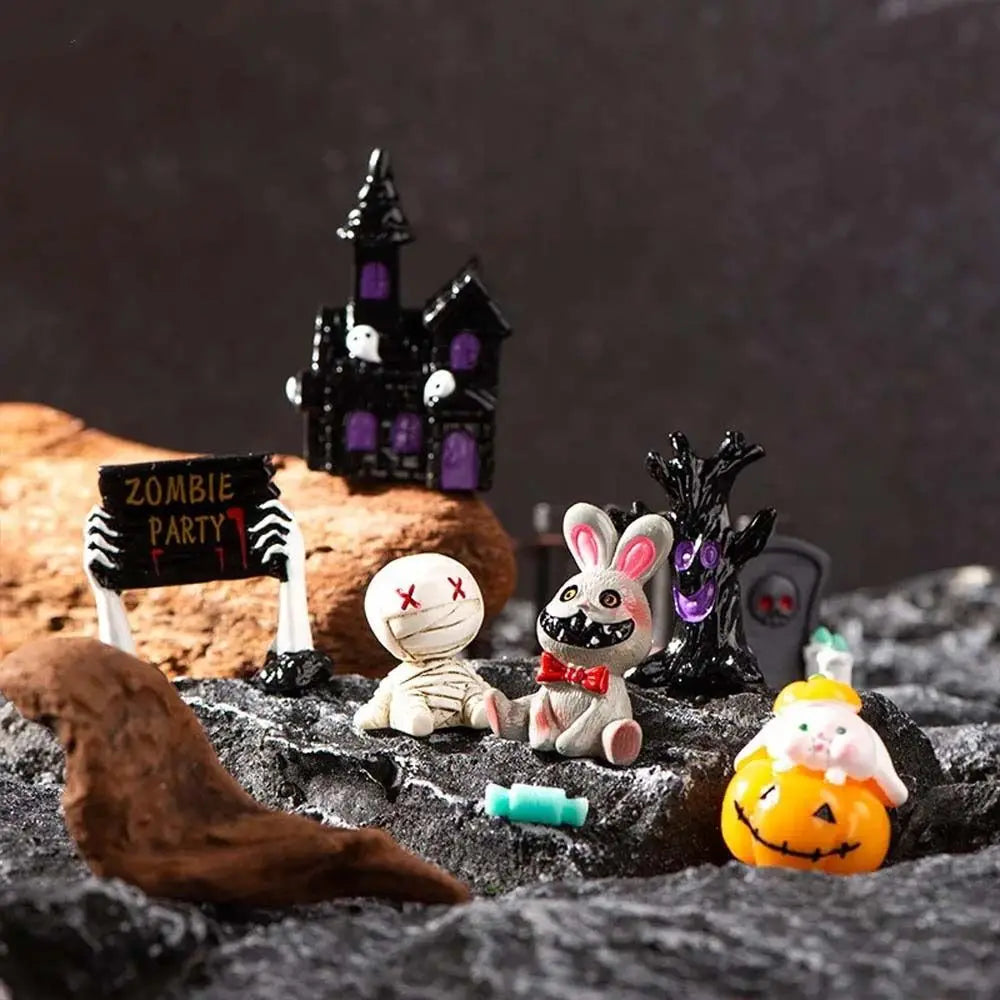 Cartoon Halloween Pumpkin Skeleton Figurines 3D DIY Mummy Skull Statue Cute Mini Miniatures Ghost Ornaments Car Ornament