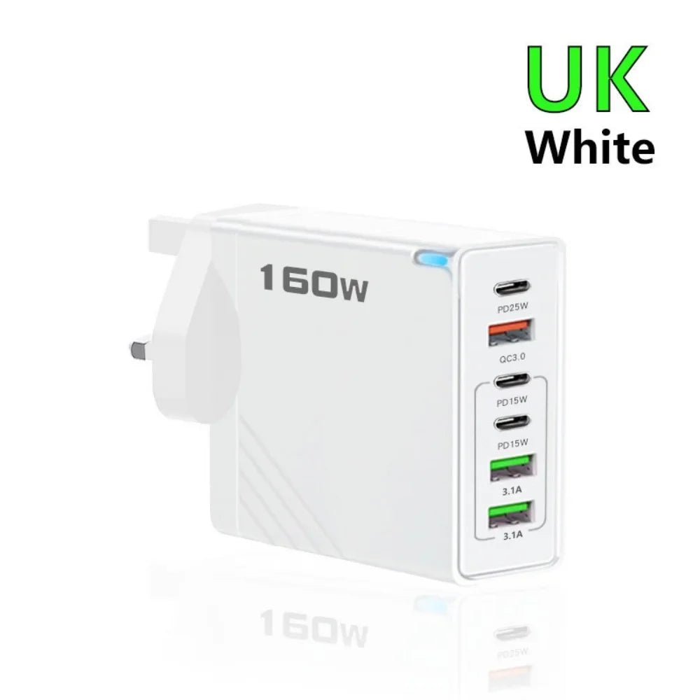 160W USB C Charger Type C PD Mobile Phone Quick Fast Charging Multiple 6 Ports PD Quick Wall Adapter for Iphone 16 Pro Xiaomi 15