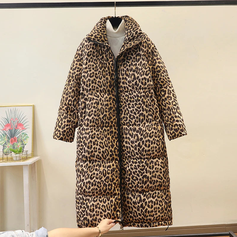 Winter Women's down jacket 2024 Trendy Simple Casual Stand Collar Zipper Large Size Cotton Padded Long Leopard Coat Outwear A236