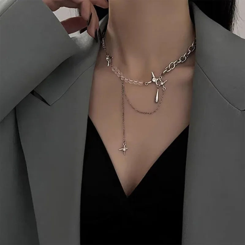 Silver Color Stars Water Drop Chains Transparent Beaded Pendant Necklaces for Women Personality Design Fashion Jewelry Wholesale
