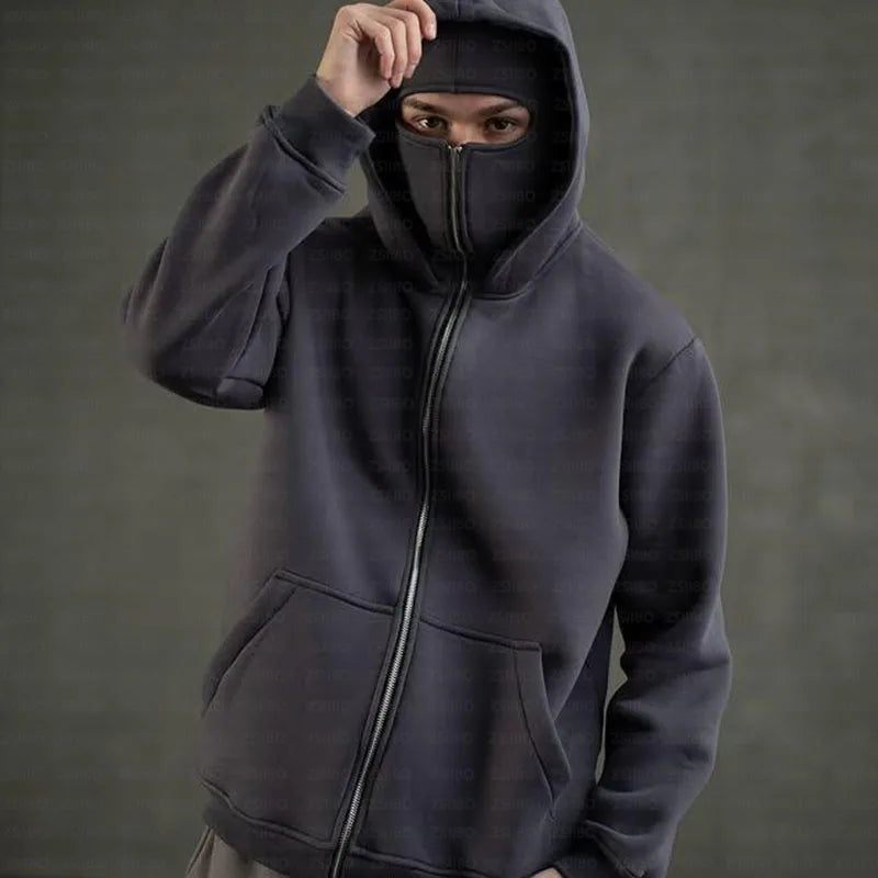 Y2K Hooded Face Mask Zipper Design Sports Jacket Balaclava Men Zip Hoodie Warm Casual Jacket Sweatshirt Outdoor Coat Clothing