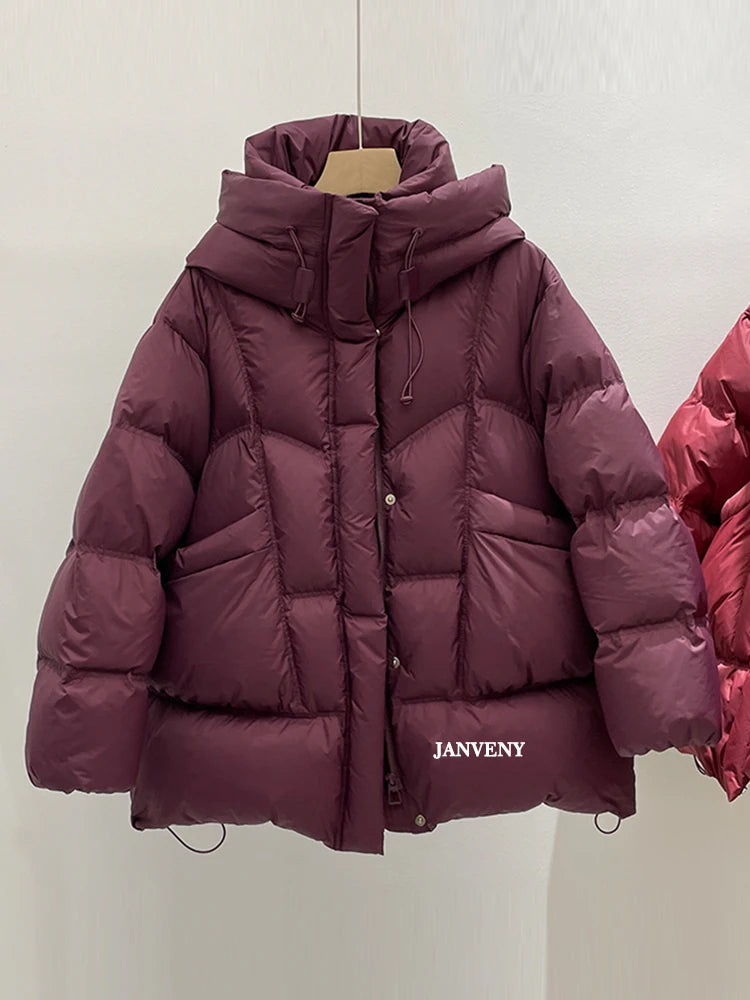 Janveny 2025 New Winter Thickened Puffer Down Jacket Women Warm Hooded Medium Length Loose Solid Color 90% White Duck Down Coat