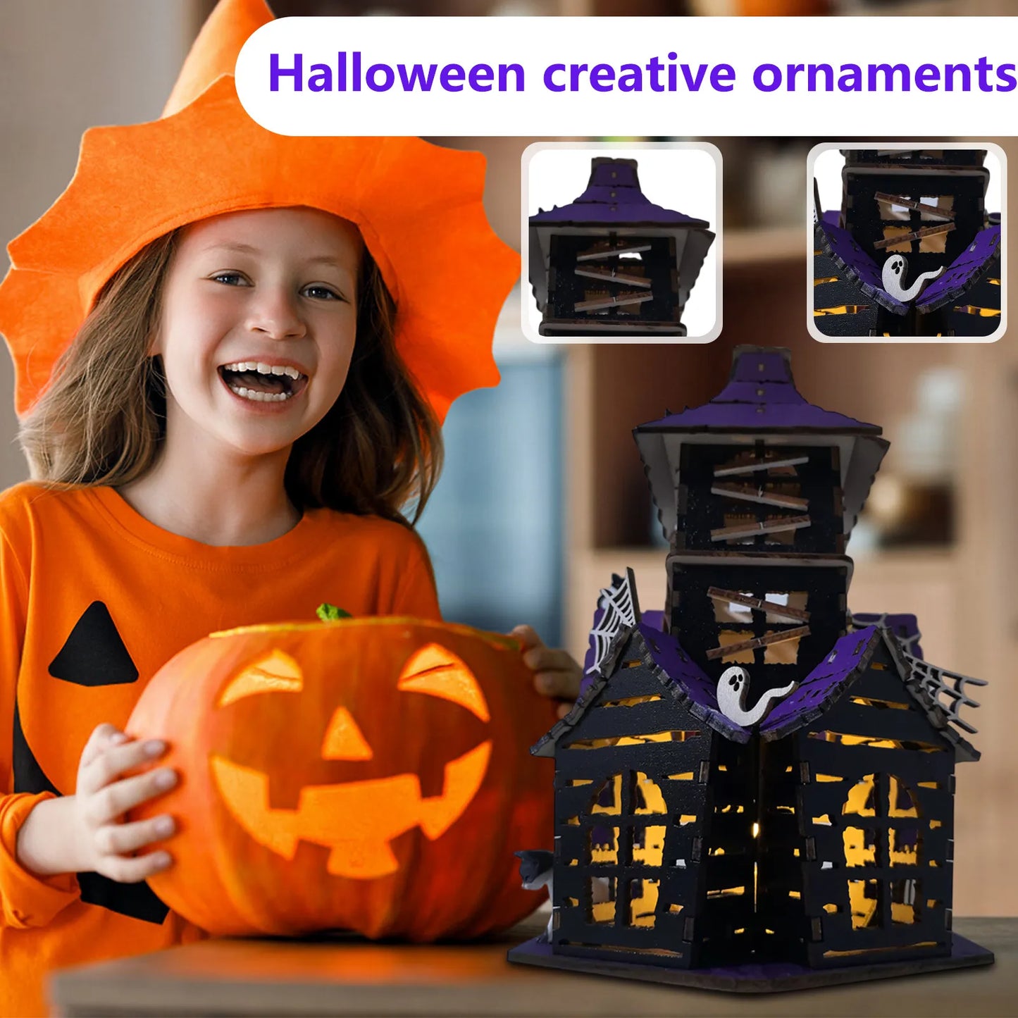 Halloween Haunted House DIY Kit, Creepy Home Decor Tabletop Ornament Wood Castle for Entrance Indoor Shelf Bedroom Living Room