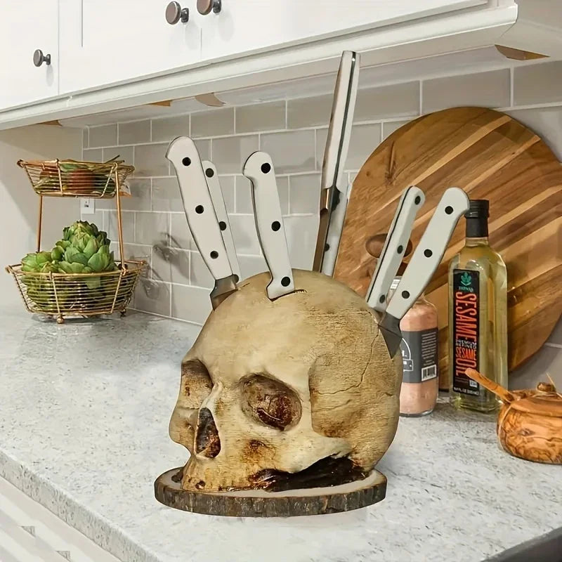 Skull Knife Holder Halloween Horror Kitchen Storage Head Rack Skeleton Knife and Fork Stand Desktop Ornaments Home Decoration
