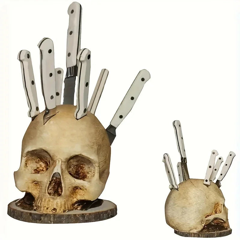 Skull Knife Holder Halloween Horror Kitchen Storage Head Rack Skeleton Knife and Fork Stand Desktop Ornaments Home Decoration