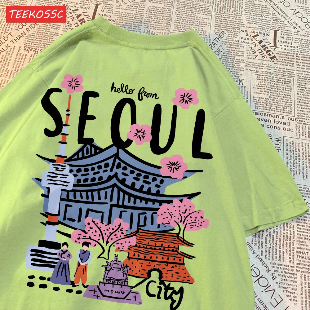 Casual Cotton Womens T-Shirts Seoul Beautiful Scenery Printed Short Sleeve O-Neck Breathable Oversize Fashion Female Clothes
