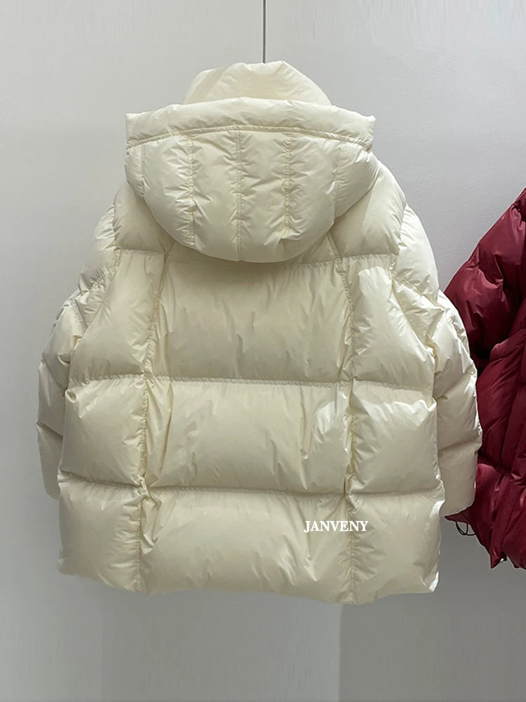 Janveny 2025 New Winter Thickened Puffer Down Jacket Women Warm Hooded Medium Length Loose Solid Color 90% White Duck Down Coat