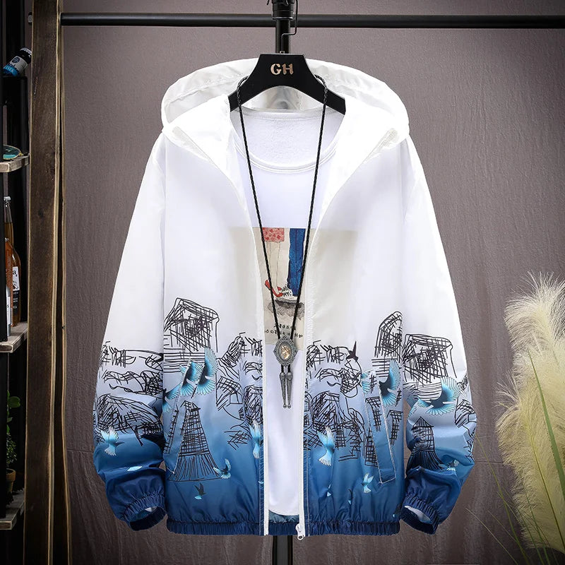 Summer Skin Coats Men Ultra Light UV Sun Protection Big Size Hooded Windbreaker Jacket Men printing Casual Outwear