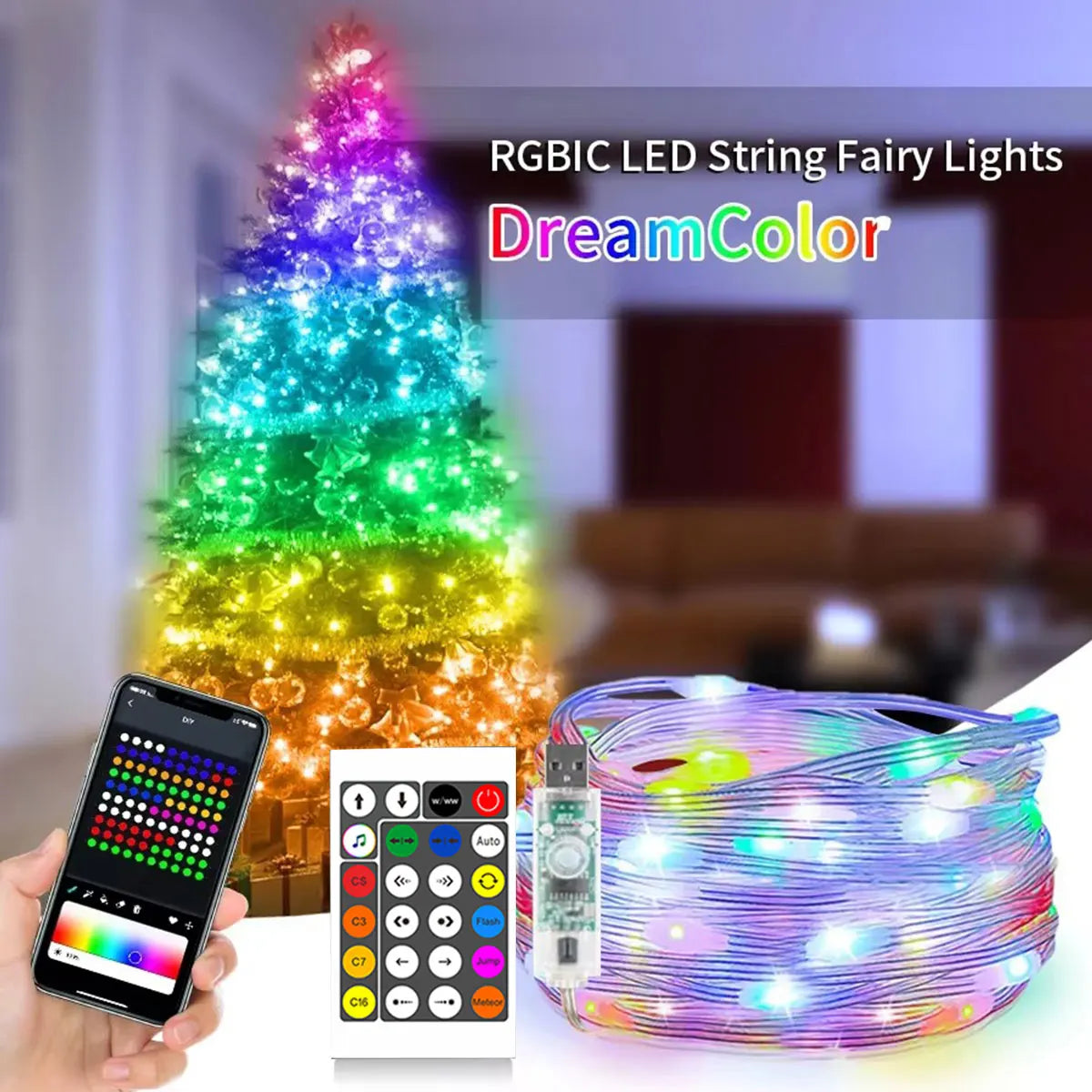 WS2812B Bluetooth LED String Lights USB 5V Dreamcolor RGBIC Addressable Party Christmas Lights Wedding Decoration Fairy Garland