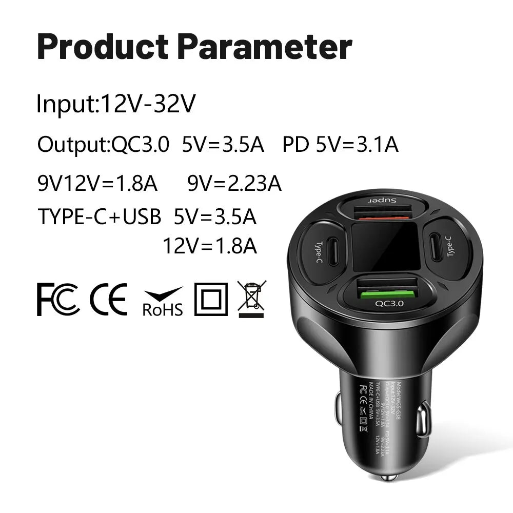 66W 4 Ports USB Car Charger Fast Charging PD Quick Charge 3.0 USB
