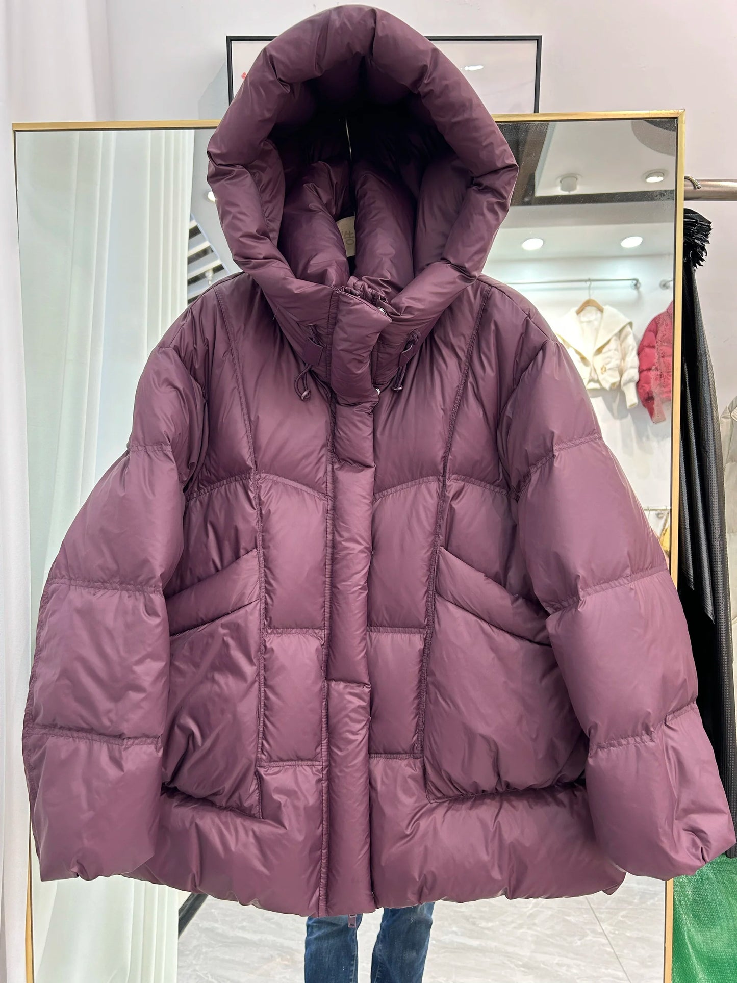 Janveny 2025 New Winter Thickened Puffer Down Jacket Women Warm Hooded Medium Length Loose Solid Color 90% White Duck Down Coat