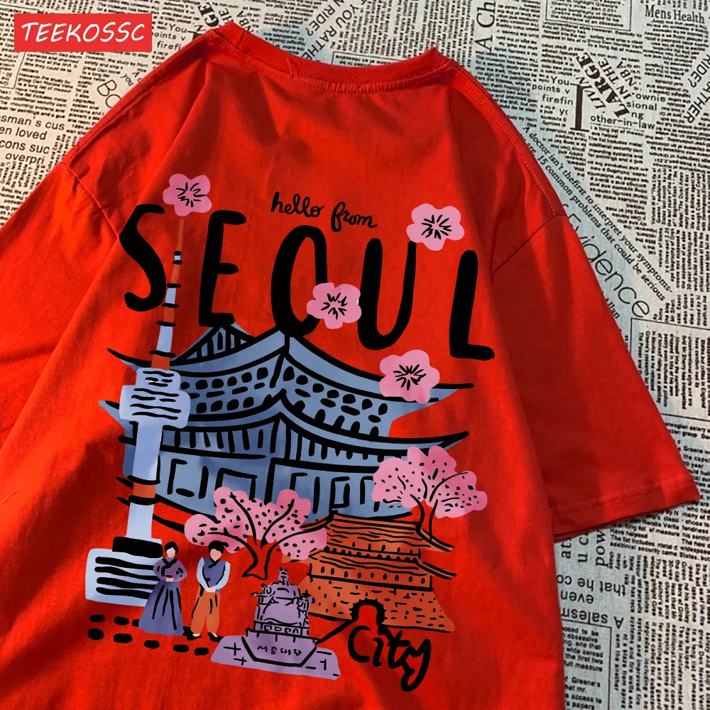 Casual Cotton Womens T-Shirts Seoul Beautiful Scenery Printed Short Sleeve O-Neck Breathable Oversize Fashion Female Clothes