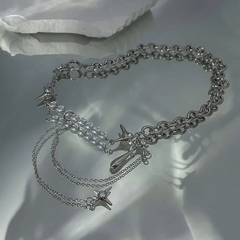 Silver Color Stars Water Drop Chains Transparent Beaded Pendant Necklaces for Women Personality Design Fashion Jewelry Wholesale