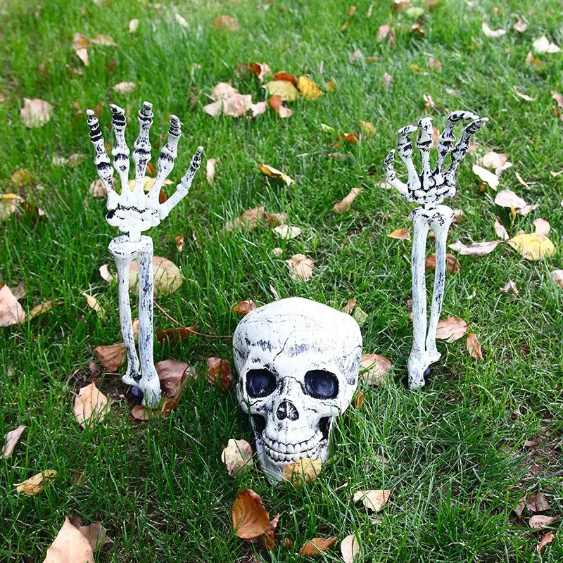 Halloween Realistic Skull Skeleton Head Human Hand Arms for Halloween Party Home Garden Lawn Decor Haunted House Horror Props