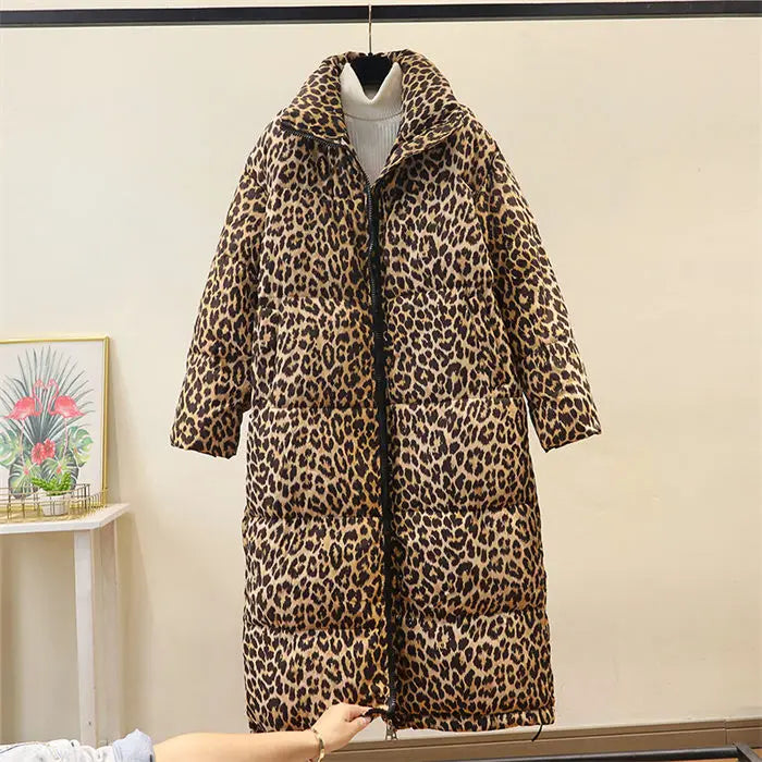 Winter Women's down jacket 2024 Trendy Simple Casual Stand Collar Zipper Large Size Cotton Padded Long Leopard Coat Outwear A236