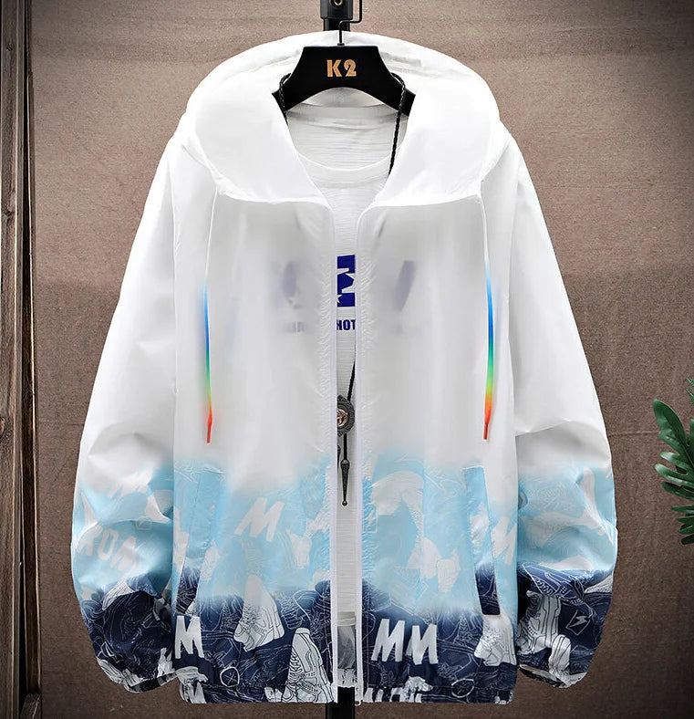 Summer Skin Coats Men Ultra Light UV Sun Protection Big Size Hooded Windbreaker Jacket Men printing Casual Outwear