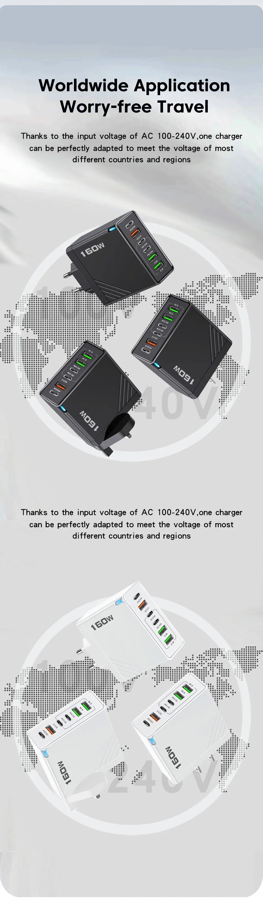 160W USB C Charger Type C PD Mobile Phone Quick Fast Charging Multiple 6 Ports PD Quick Wall Adapter for Iphone 16 Pro Xiaomi 15