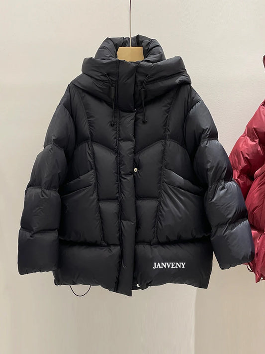 Janveny 2025 New Winter Thickened Puffer Down Jacket Women Warm Hooded Medium Length Loose Solid Color 90% White Duck Down Coat