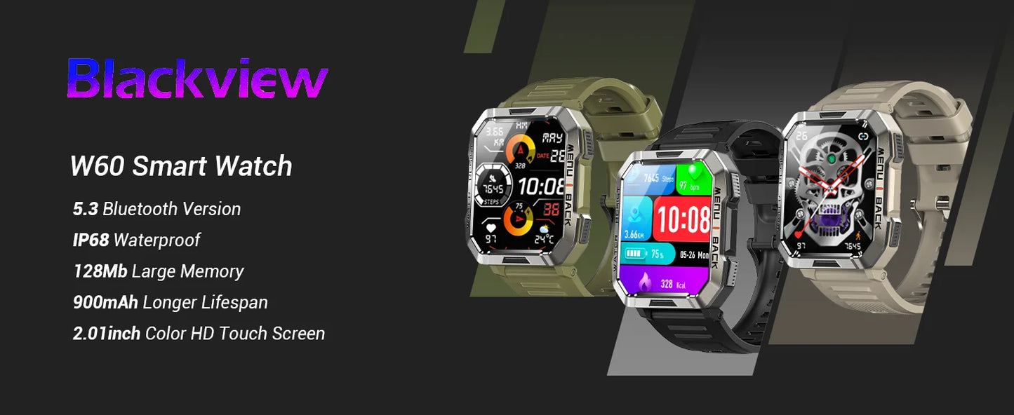 Blackview New Smart Watch 2.01'' HD Display Outdoor Men's Watches with Emergency Lighting Bluetooth Call Waterproof Smartwatch