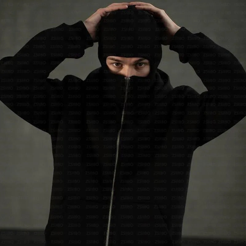 Y2K Hooded Face Mask Zipper Design Sports Jacket Balaclava Men Zip Hoodie Warm Casual Jacket Sweatshirt Outdoor Coat Clothing