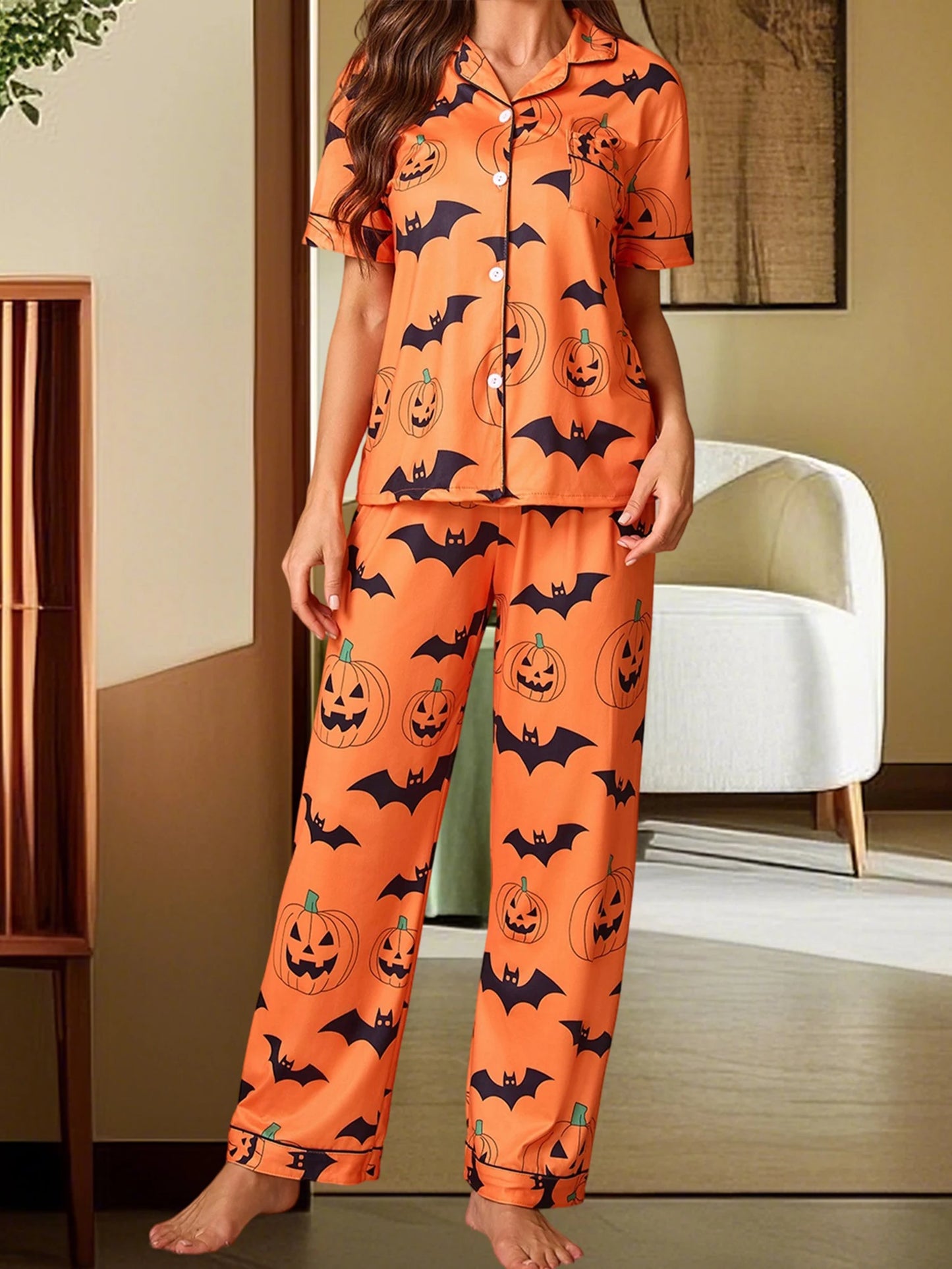 Women Halloween Pajama Set, Pumpkin Bat Print Short Sleeve Button Closure Shirt with Pants Sleepwear Loungewear