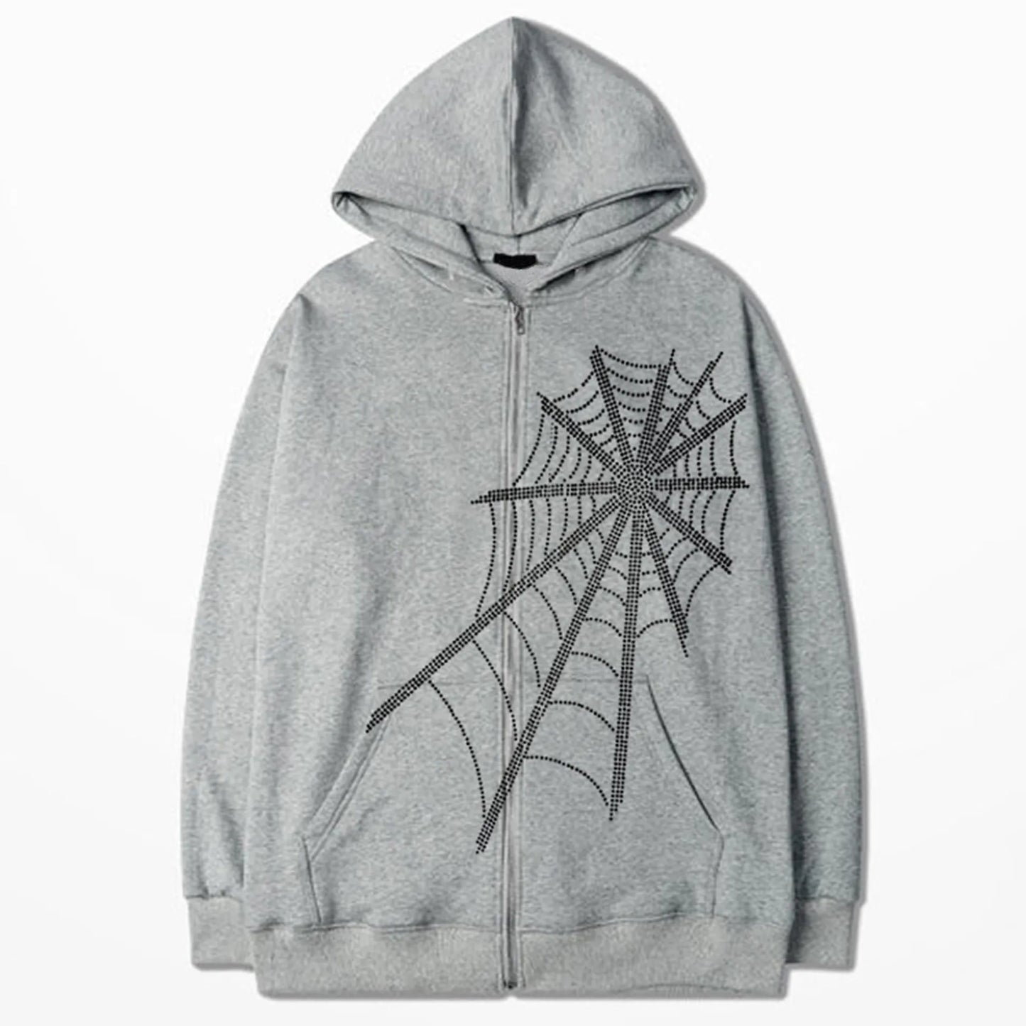 Full Zip Up Hooded Tops Sequin Loose Baggy Female Clothes with Zipper Glitter Spider Rhinestone Sweatshirts for Women Coat Trend