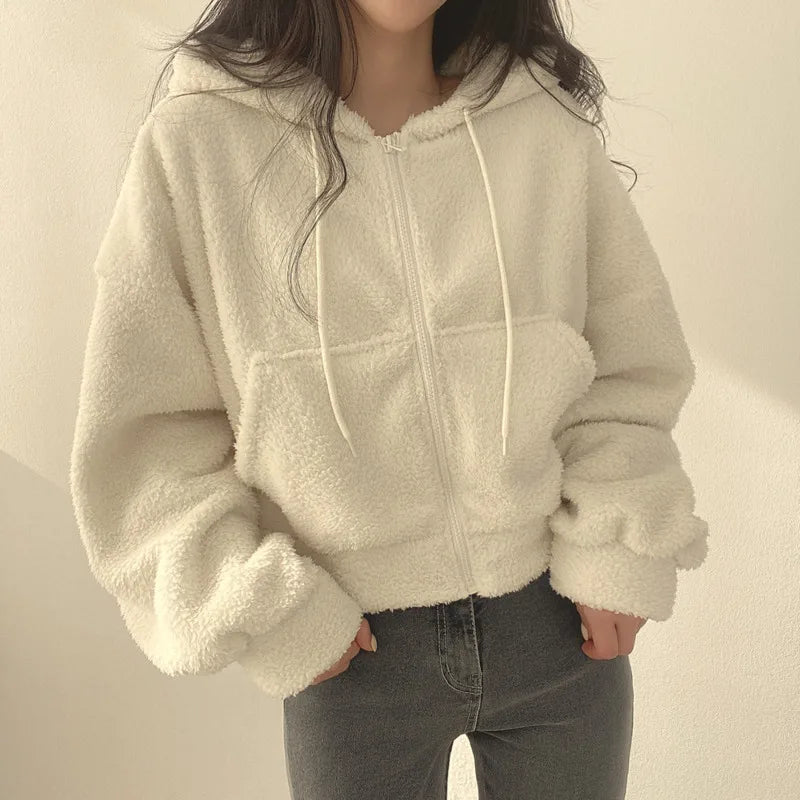 Solid Lamb Wool Thick Sweatshirts Outerwear Y2k Short Zip-Up Hooded Sweatshirt Women Fleece Sudaderas Casual High Waist Hoodies