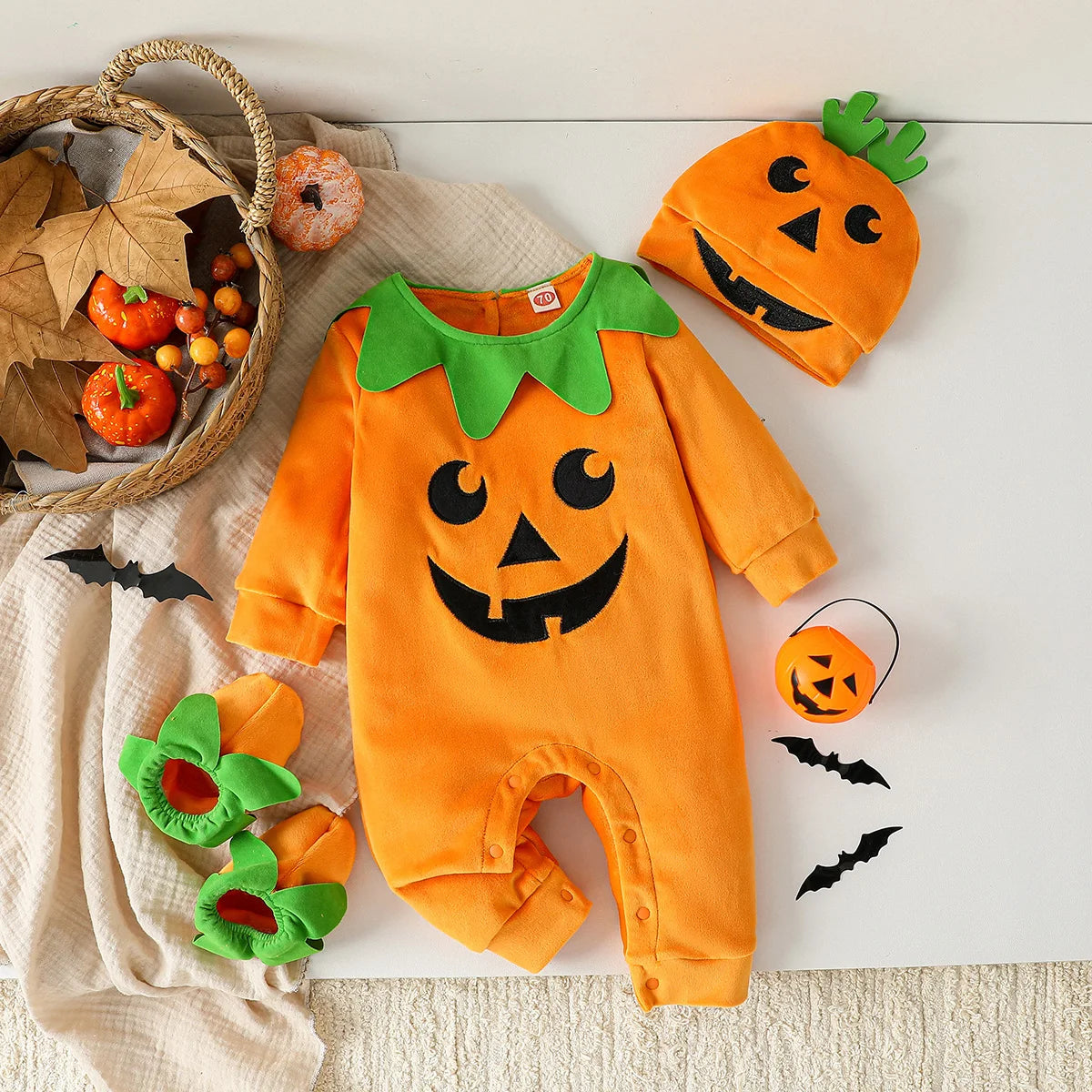 4Pcs Children's Clothing Baby Boys /Girls  Fall/ Winter Jumpsuit Halloween Pumpkin Hat Long Sleeved Crawling Romper For 0-1Y
