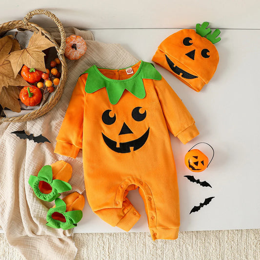 4Pcs Children's Clothing Baby Boys /Girls  Fall/ Winter Jumpsuit Halloween Pumpkin Hat Long Sleeved Crawling Romper For 0-1Y