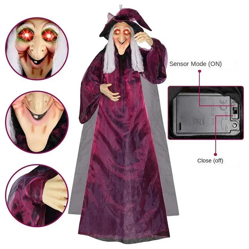 Halloween Life Size Talking Witch Outdoor Purple Spooky Animatronic Witch Decor Prop Halloween Decoration Red Eye Animated Witch
