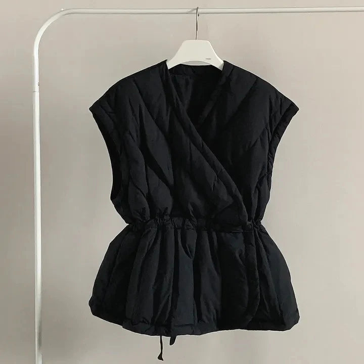 Korean Style Cross V-neck Drawstring Sleeveless Cotton Jacket for Women Solid Color Autumn Winter Vest Padded Coat Female