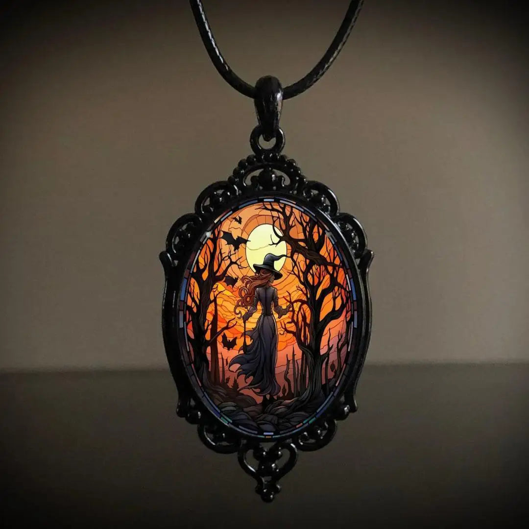 Gothic Crow Forest Charm Necklace Gloomy Castle Pendant Mystic Witch Jewelry Accessories Car Rope Chain Halloween Gift
