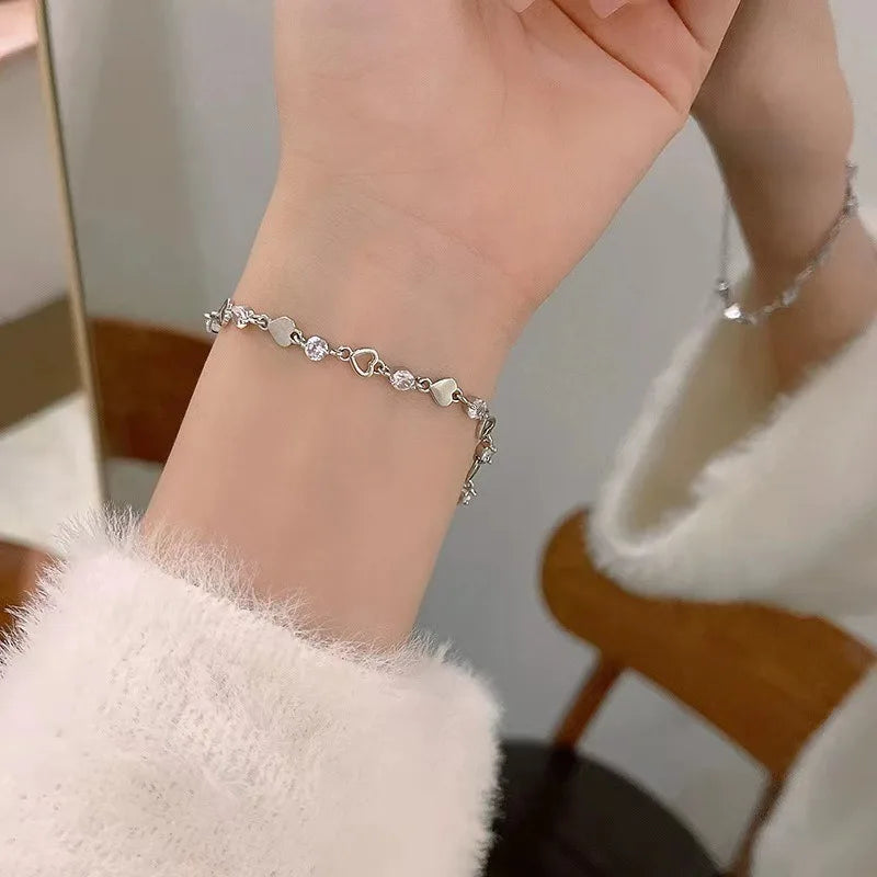 925 Sterling Silver Hollow Heart Zircon Bracelets For Women Korean Sweet Sparkling Adjustable Chain Bracelet Fashion Jewelry