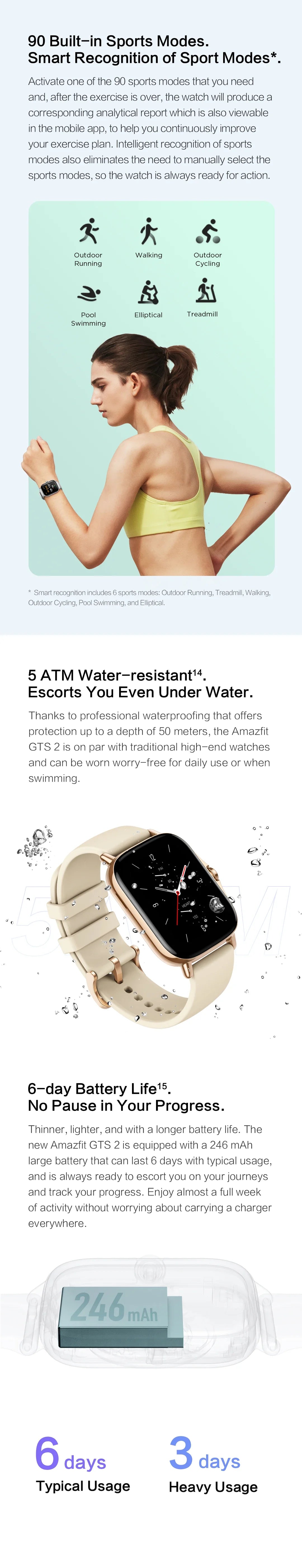 Amazfit GTS 2 Smartwatch 5ATM Waterproof Health and Fitness Tracking Smart Watch ALEXA Built-In 95-90New Smart Watches