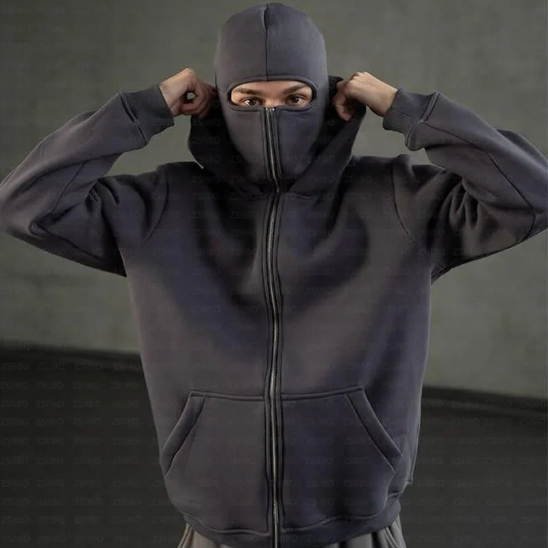 Y2K Hooded Face Mask Zipper Design Sports Jacket Balaclava Men Zip Hoodie Warm Casual Jacket Sweatshirt Outdoor Coat Clothing