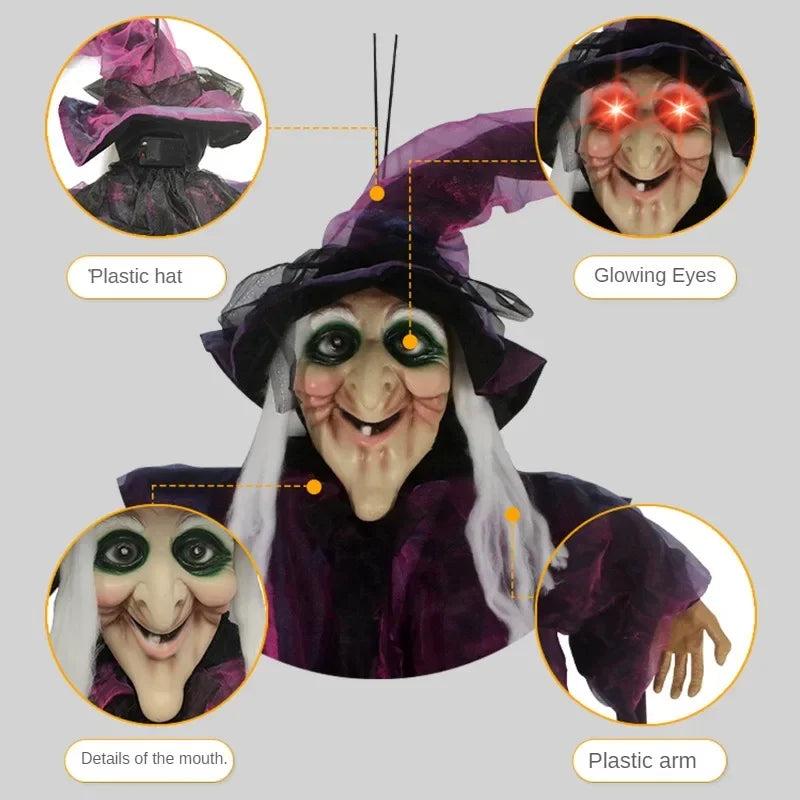 Halloween Life Size Talking Witch Outdoor Purple Spooky Animatronic Witch Decor Prop Halloween Decoration Red Eye Animated Witch