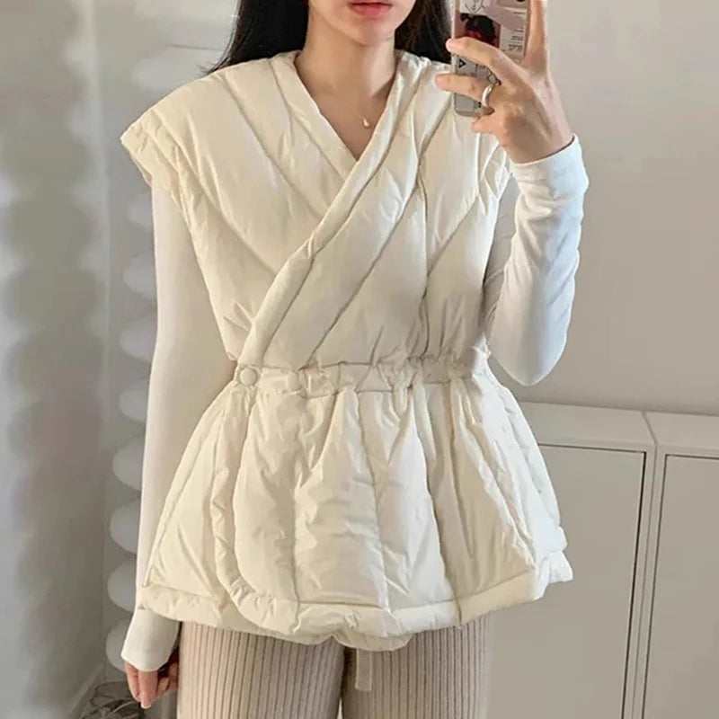 Korean Style Cross V-neck Drawstring Sleeveless Cotton Jacket for Women Solid Color Autumn Winter Vest Padded Coat Female